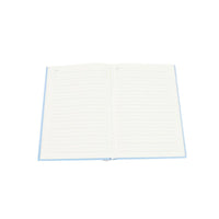 A5 hardcover notebook opened to lined pages with faint horizontal writing lines