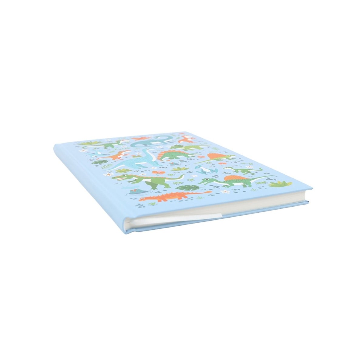A5 hardcover notebook with blue cover and colorful dinosaur map-like illustration