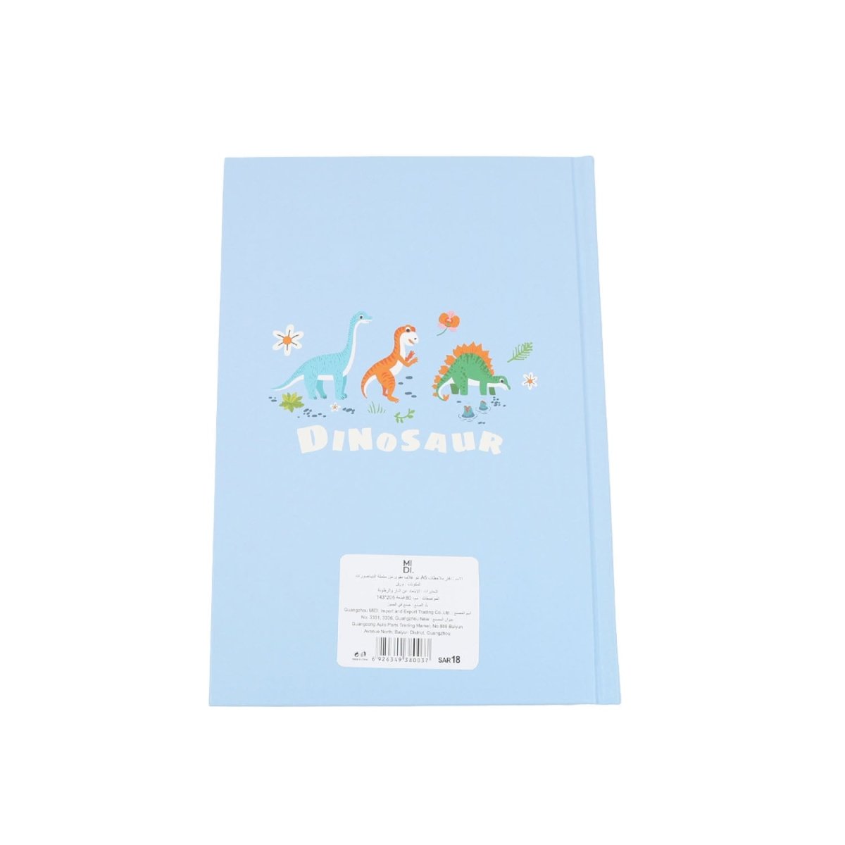 A5 hardcover notebook back with light-blue dinosaur scene and barcode label