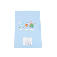 A5 hardcover notebook back with light-blue dinosaur scene and barcode label