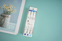 Blue highlighter set of 3 in retail box, showing three white pens with blue ends