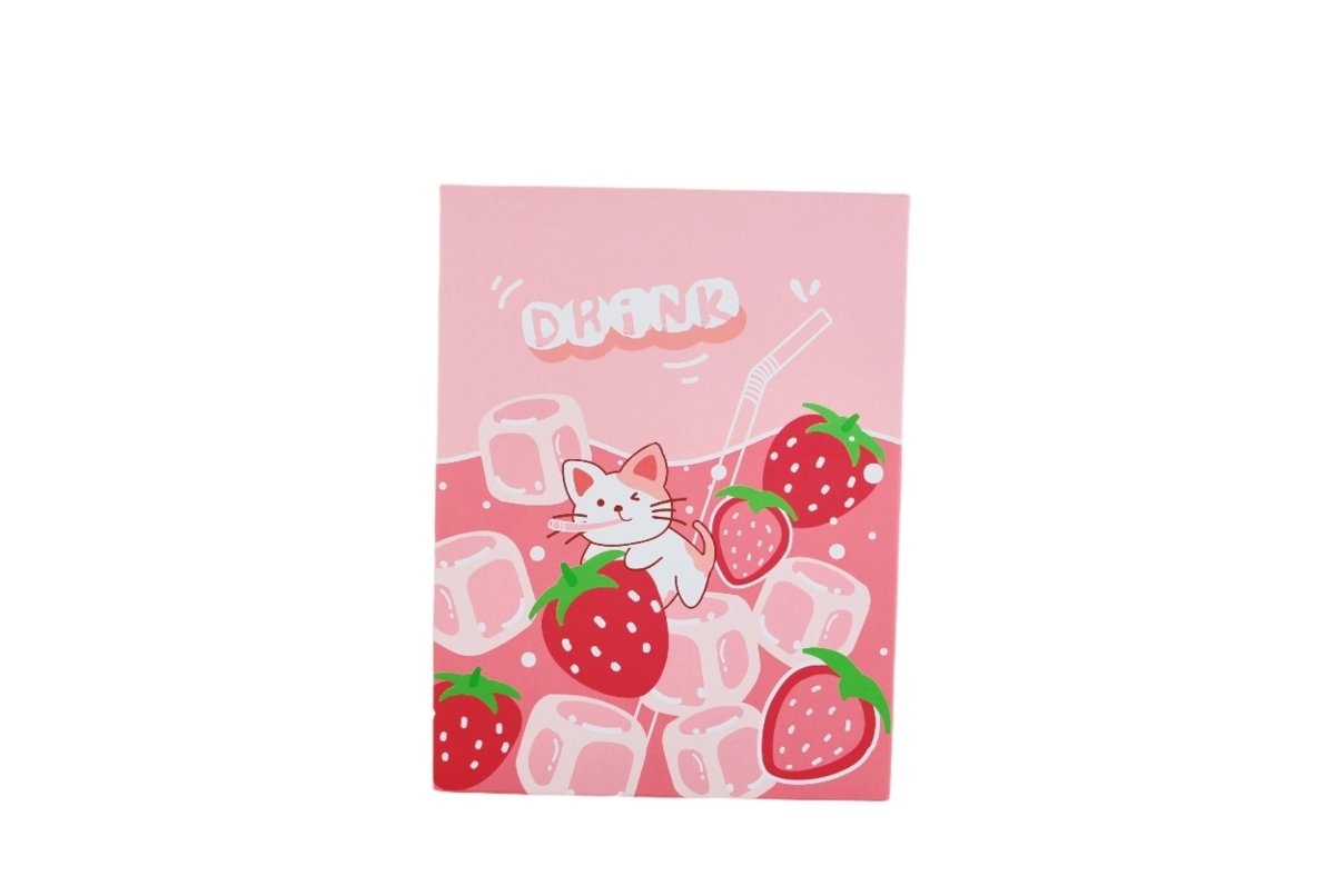 Foldable mirror cover in pink with strawberry cat and drink pattern