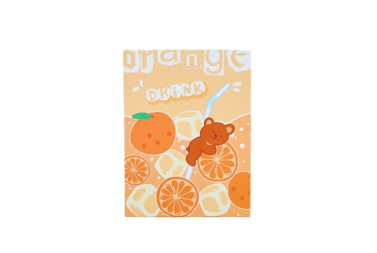 Foldable mirror cover in orange with cartoon bear and citrus drink pattern
