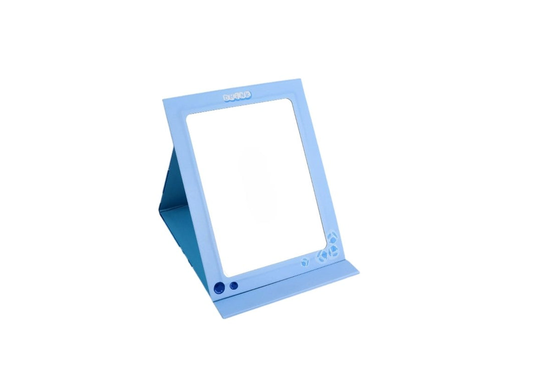 Foldable mirror, blue frame with mirror panel propped open