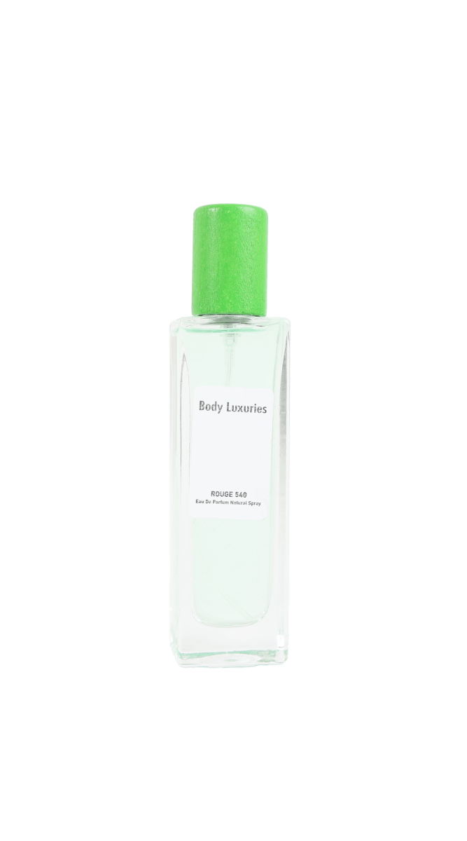 Body Luxuries Rouge 540 eau de parfum spray bottle with green cap, clear glass
