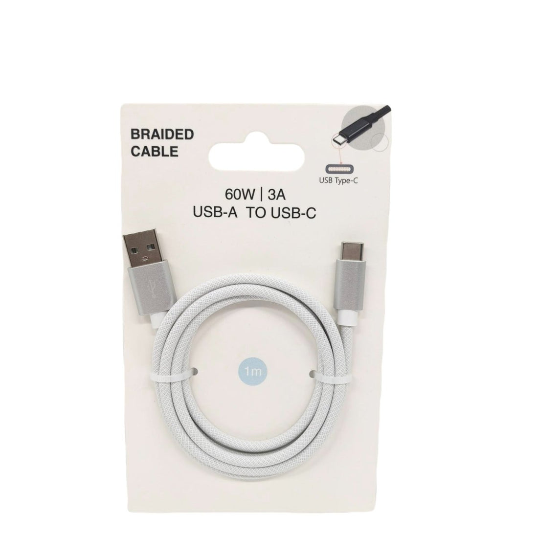 Braided USB-A to USB-C charging cable (1m) in retail package, 60W 3A.