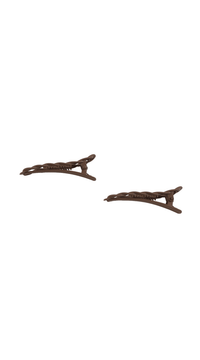 Brown braided twist hair clip with spring snap, angled side view