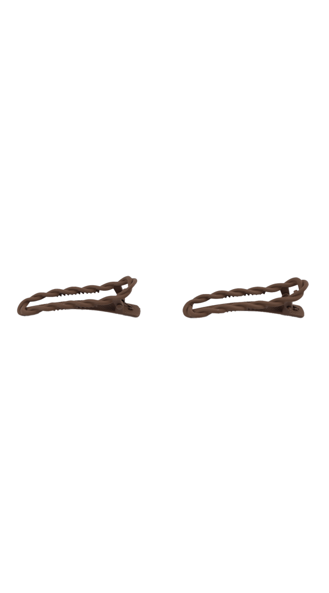 Brown twist hair clip with braided texture and spring snap, side view