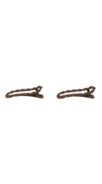 Brown twist hair clip with braided texture and spring snap, side view