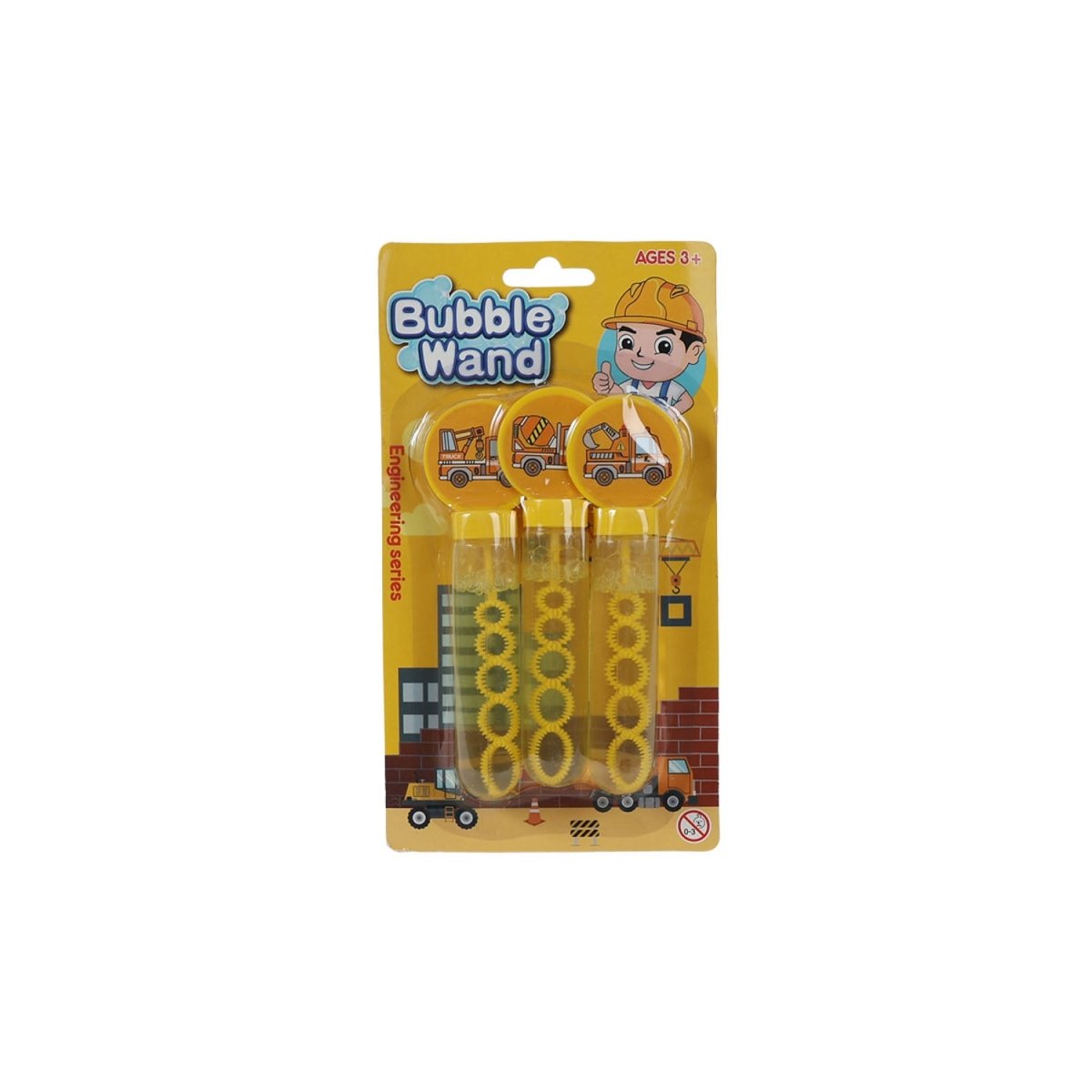 Construction-themed bubble wand set, 3 pack in blister packaging