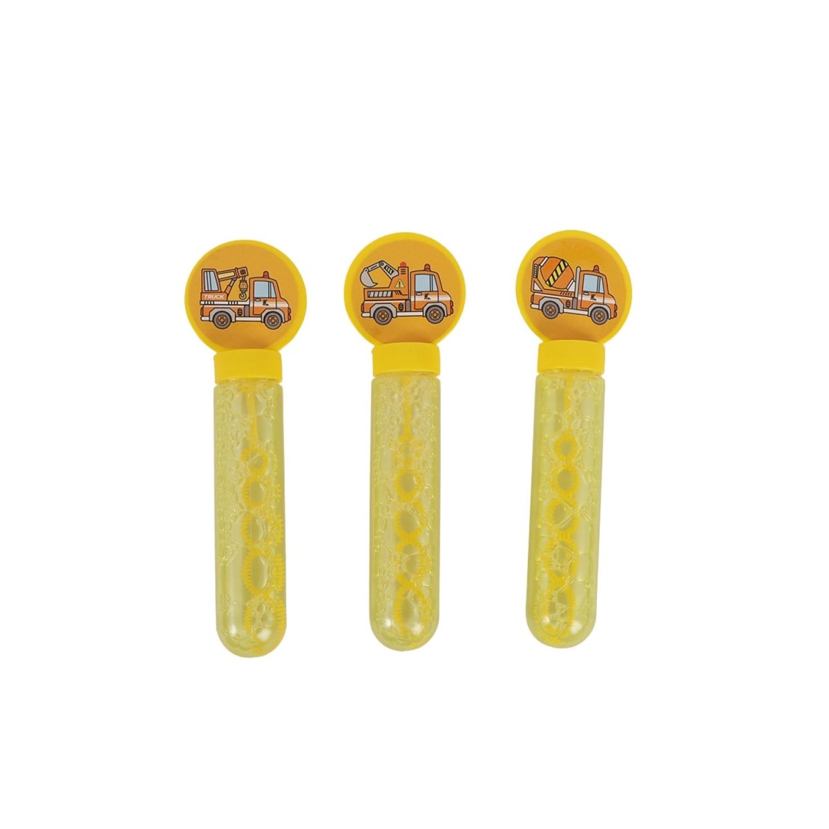 Three construction bubble wands with yellow handles and truck icons