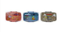 Kids lunch boxes in red, blue, and tan with Buddy's Animal Carnival graphics