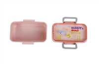 Pink kids lunch box showing open lid and closed lid with Buddy's Animal Carnival print