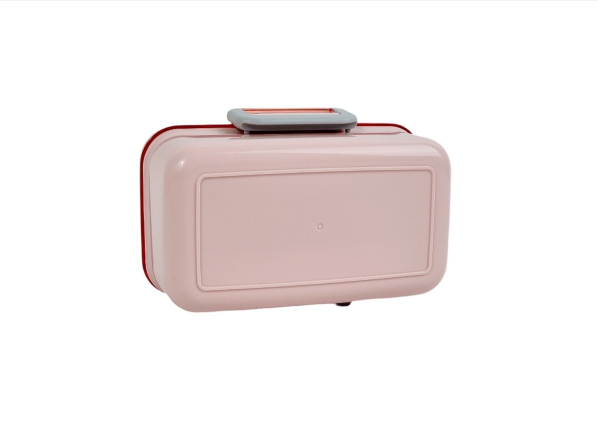 Pink kids lunch box backside with recessed panel and gray latch
