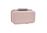 Pink kids lunch box backside with recessed panel and gray latch