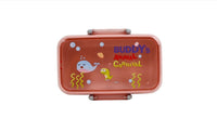Pink kids lunch box with Buddy's Animal Carnival logo on the front, closed