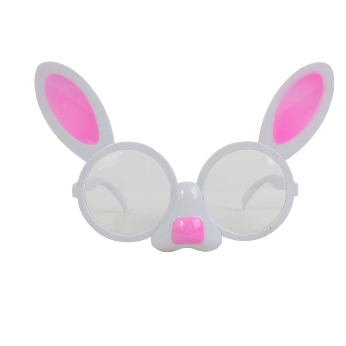 Kids bunny glasses with gray frames, pink ear panels, and round white lenses
