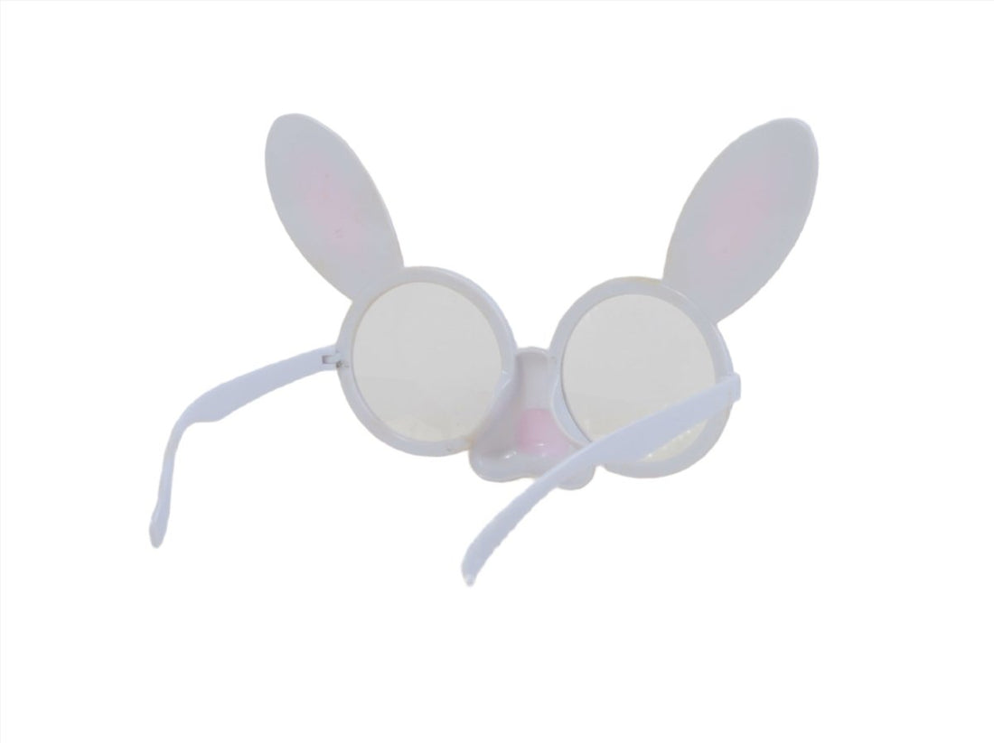 Kids bunny glasses, side view, with gray frames, soft pink ear pads, round lenses