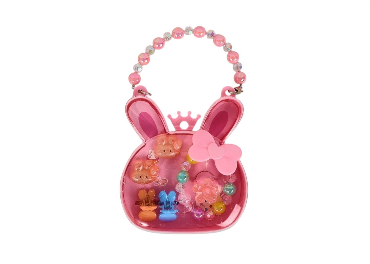 Pink bunny-shaped hair accessory set with bead necklace, crown, and bow charms