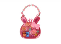 Pink bunny-shaped hair accessory set with bead necklace, crown, and bow charms