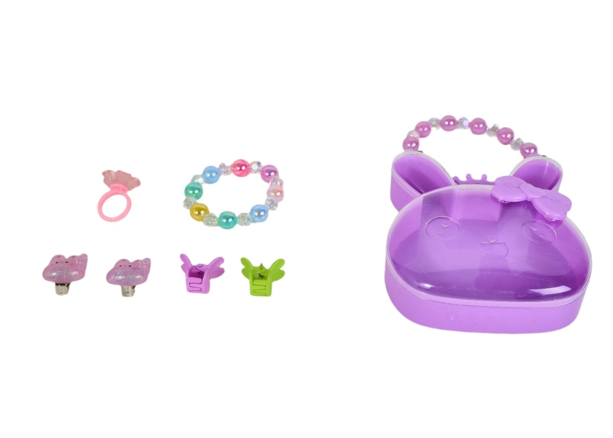 Purple bunny hair accessory set pieces: bunny case, beads, small clips and rings