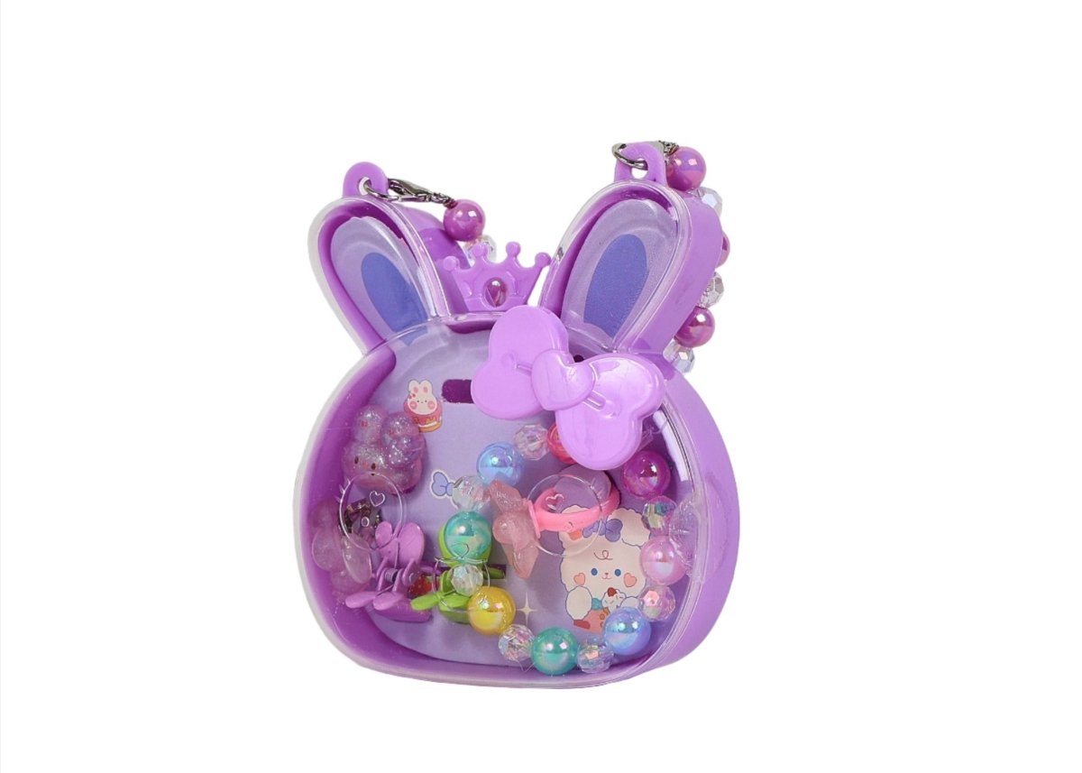 Purple bunny-shaped hair accessory set with crown, bow, and multicolor bead charms