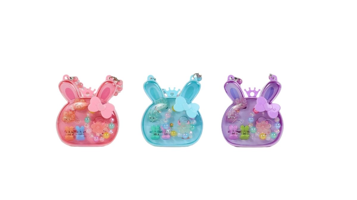 Bunny hair accessory set trio: pink, blue, and purple bunny-shaped cases
