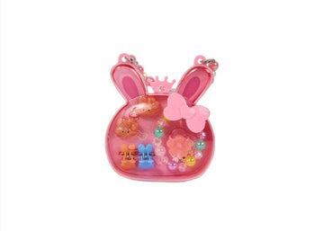 Pink bunny-shaped hair accessory set with crown, bow, and bead charm pieces