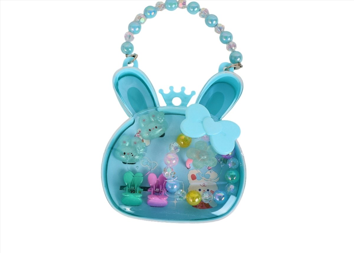 Blue bunny-shaped hair accessory set with bead handle, crown, and bow charms
