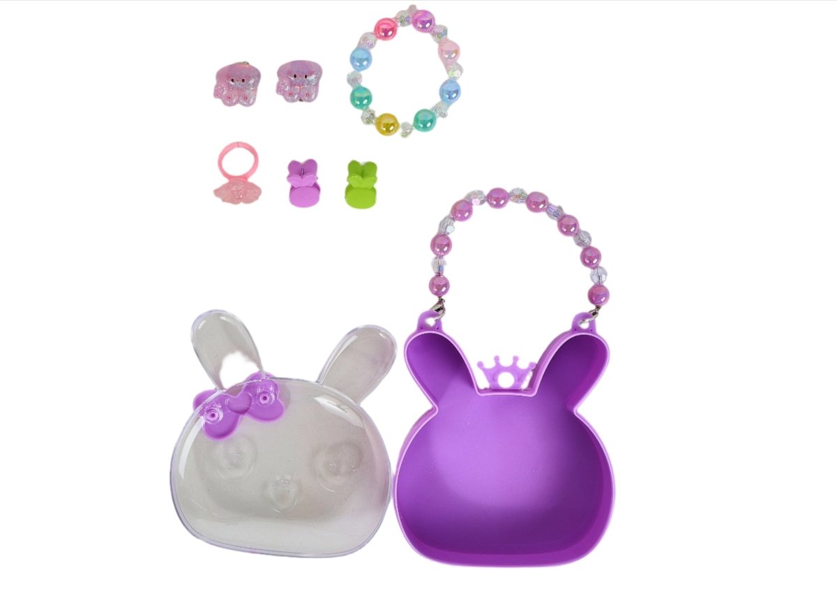 Purple bunny hair accessory set with bead handle and small bunny-shaped accessories
