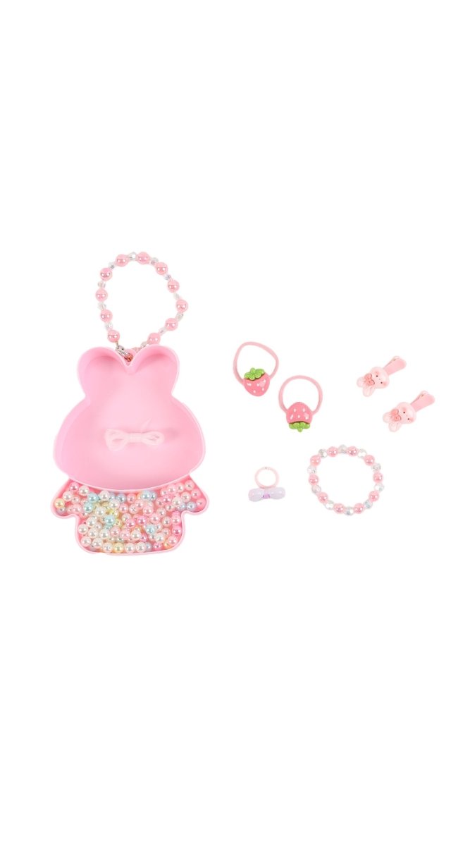 Kids bunny jewelry set: pink bunny bracelet, rings, earrings, and pearl bead pieces
