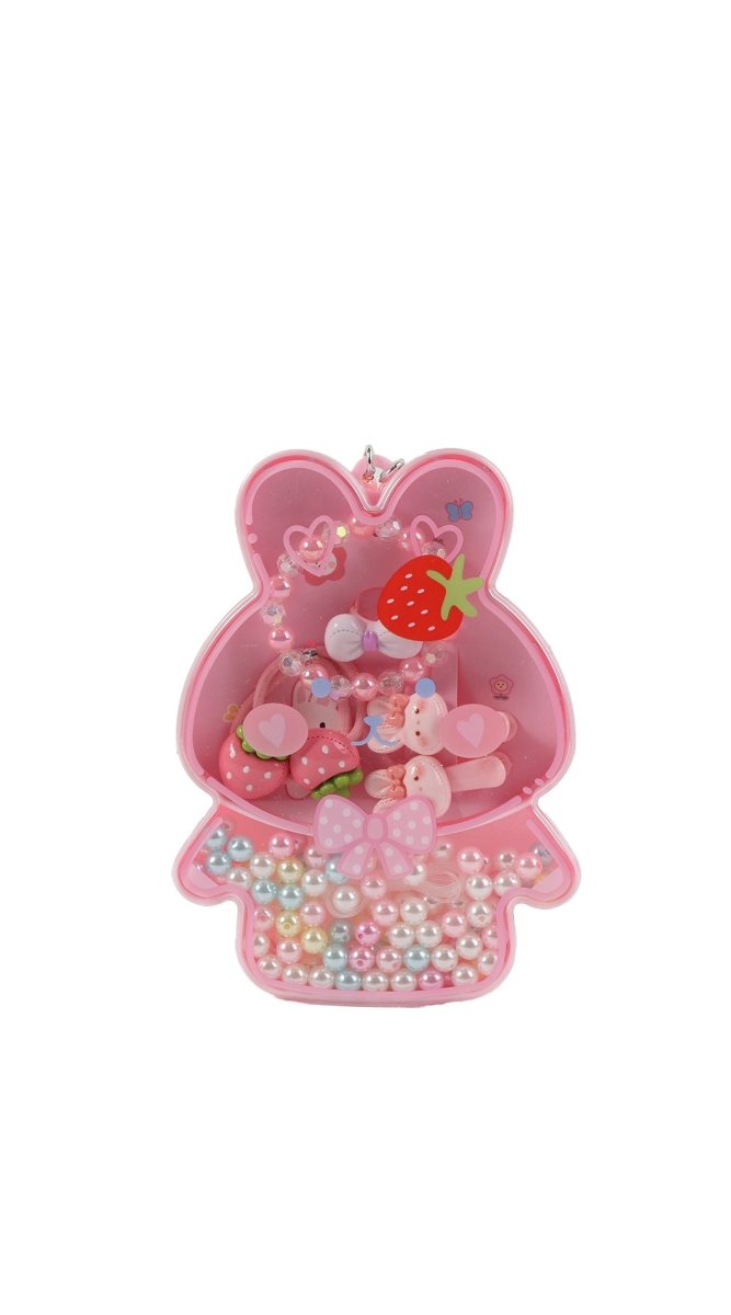 Kids bunny jewelry set with pink bunny charms, beads, and dangling accessories