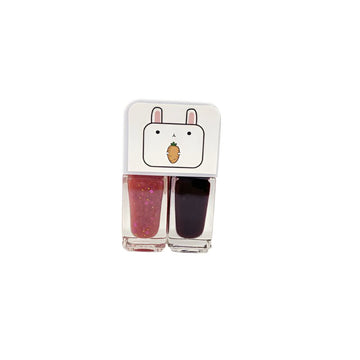 Nail polish duo set with two bottles: glittery pink-red and dark plum-purple