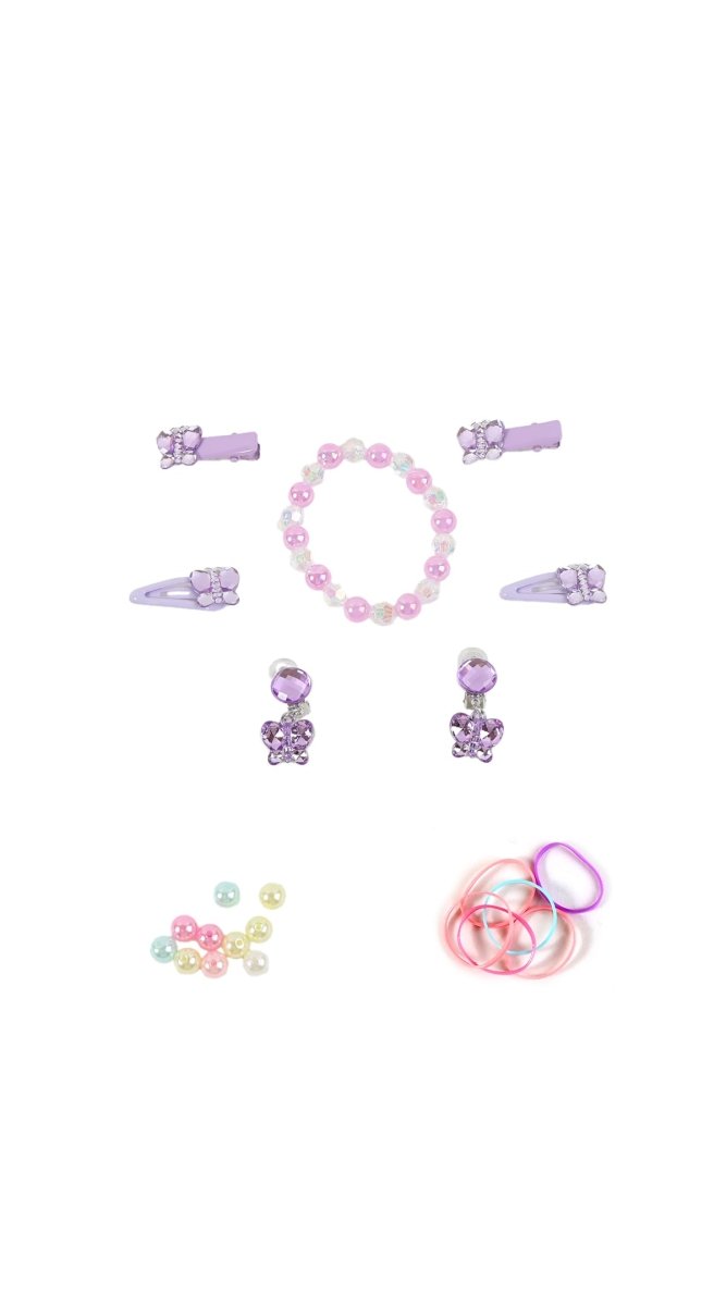Girls hair accessories set with pink bead bracelet, bow barrettes, and hair rings