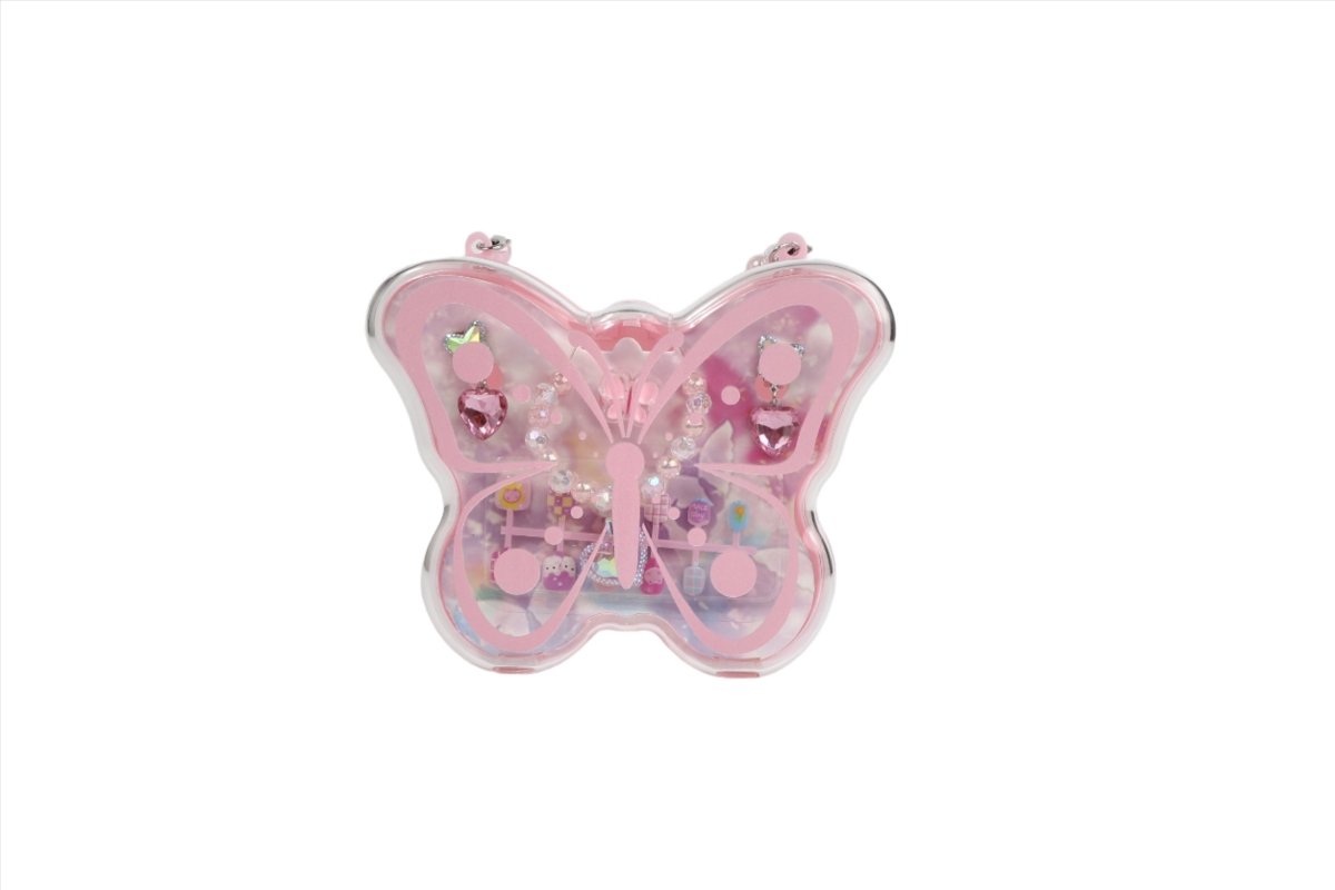 Pink butterfly jewelry bag with bead handle and glittery embellishments, kids pouch