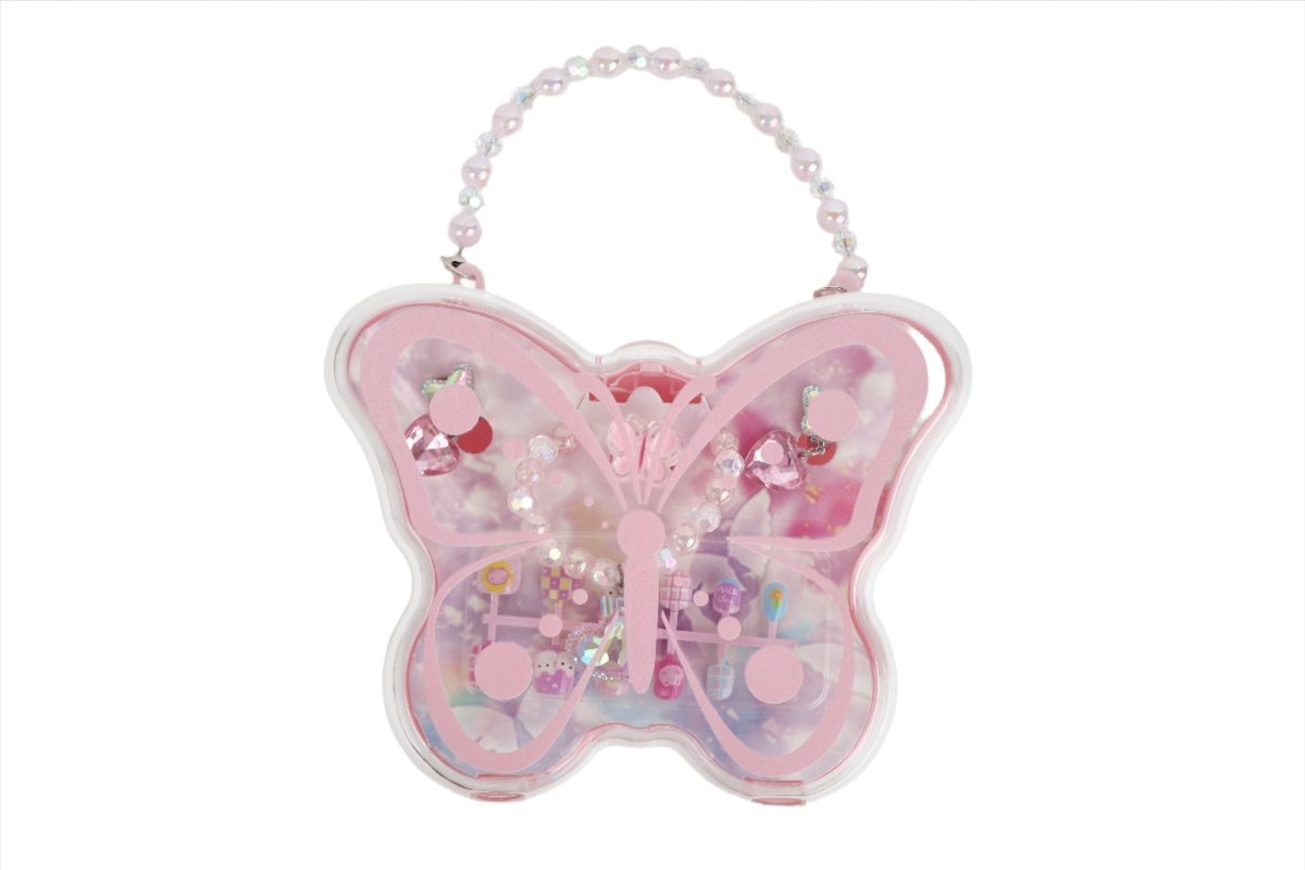 Pink butterfly jewelry bag with bead handle and sparkly heart-like details, kids pouch