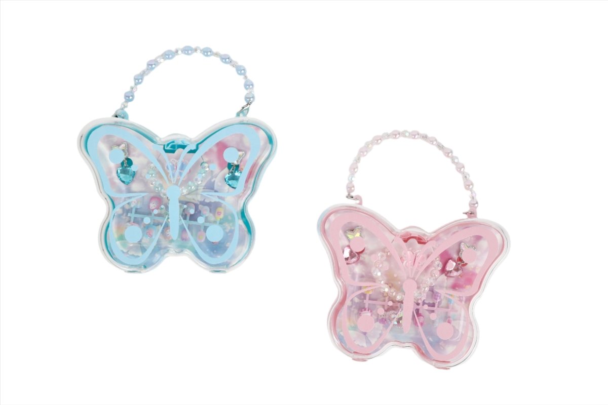 Blue and pink butterfly jewelry bags with bead handles, sparkly kids accessory pouches
