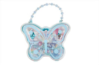 Blue butterfly jewelry bag with bead handle and sparkly heart-like details, kids pouch