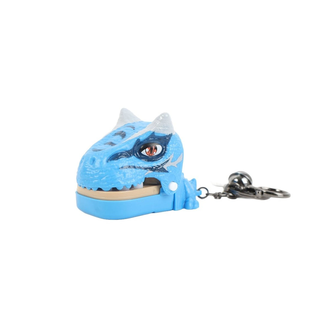 Blue dinosaur head keychain holder with metal keyring and open mouth with teeth.