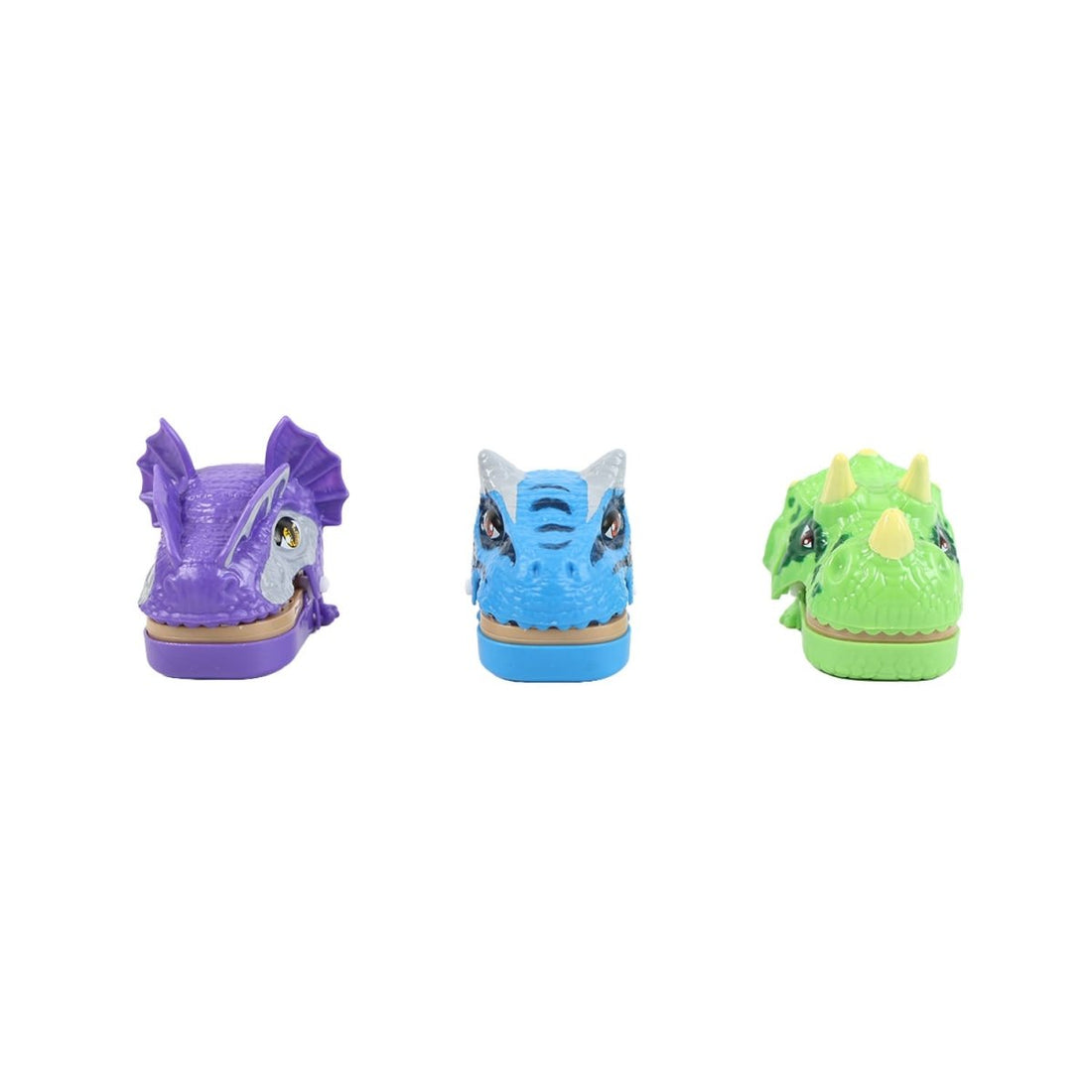 Set of dinosaur head keychain holders in purple, blue, and green, each with keyring.