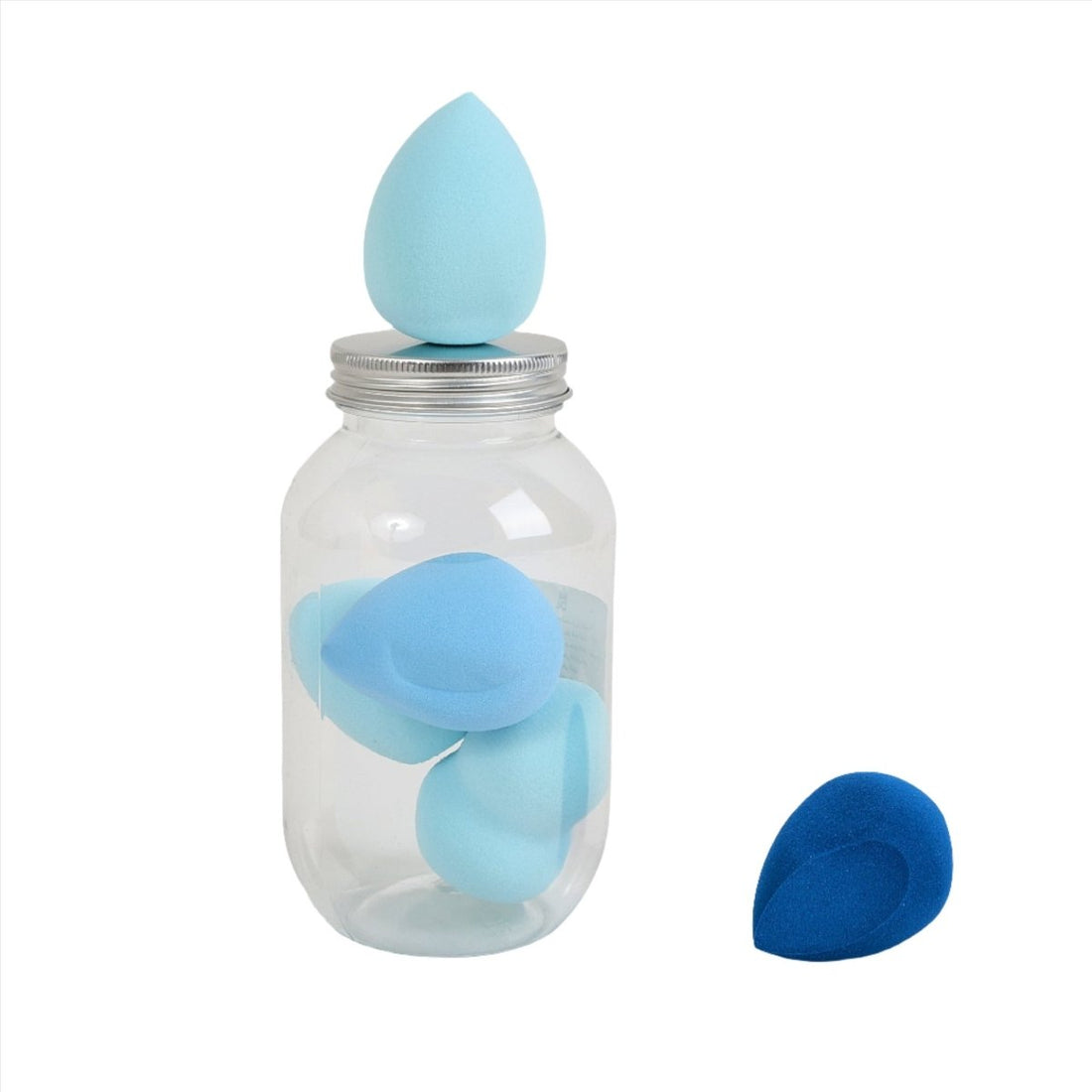 Beauty blender sponge set in clear jar, Petrel blue sponges