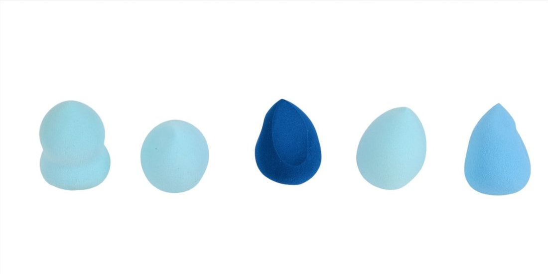 Beauty blender sponges, mix of light and dark blue shapes