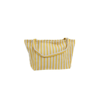 Yellow and white striped canvas tote bag with fold-over open top and short handles