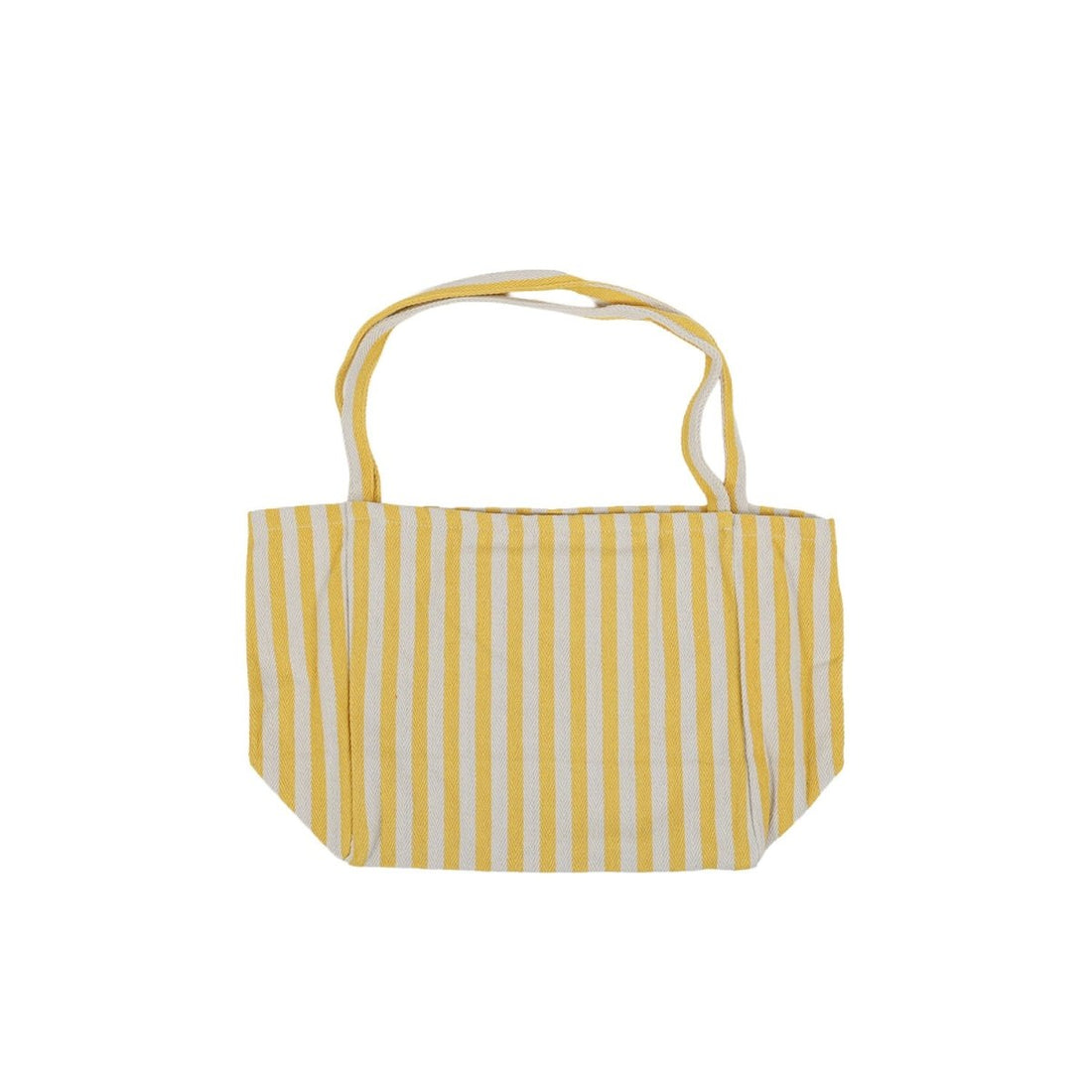 Yellow and white striped canvas tote bag with long rope handles, open top