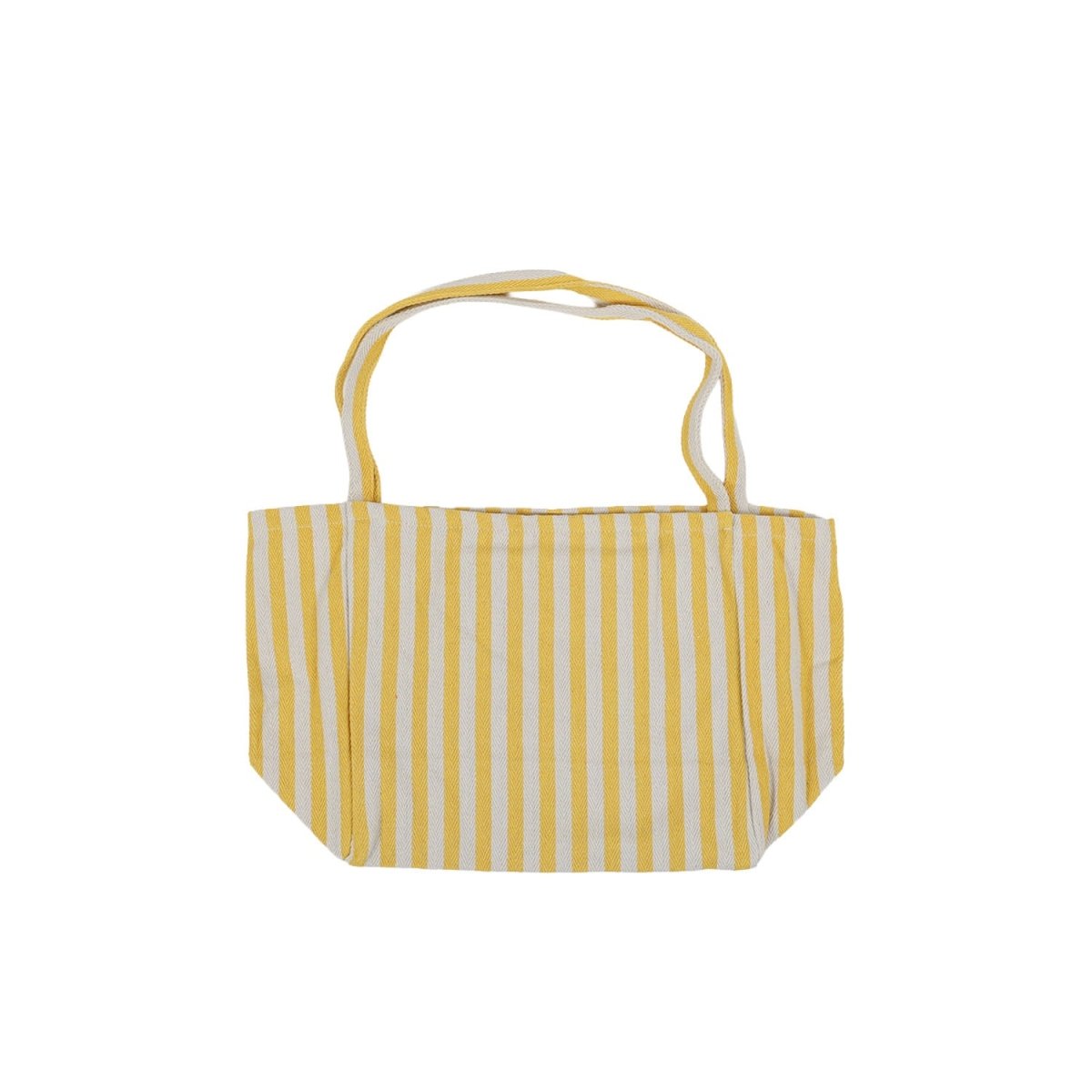 Yellow and white striped canvas tote bag with long rope handles, open top