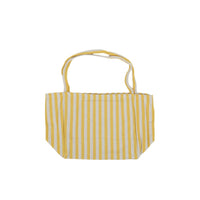 Yellow and white striped canvas tote bag with long rope handles, open top
