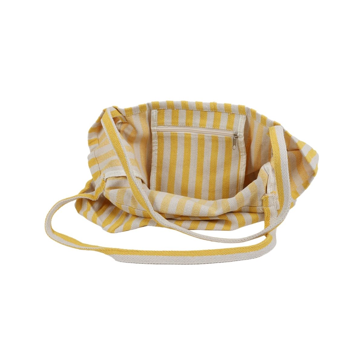 Yellow and white striped canvas tote bag, open interior with rope handles