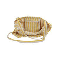Yellow and white striped canvas tote bag, open interior with rope handles