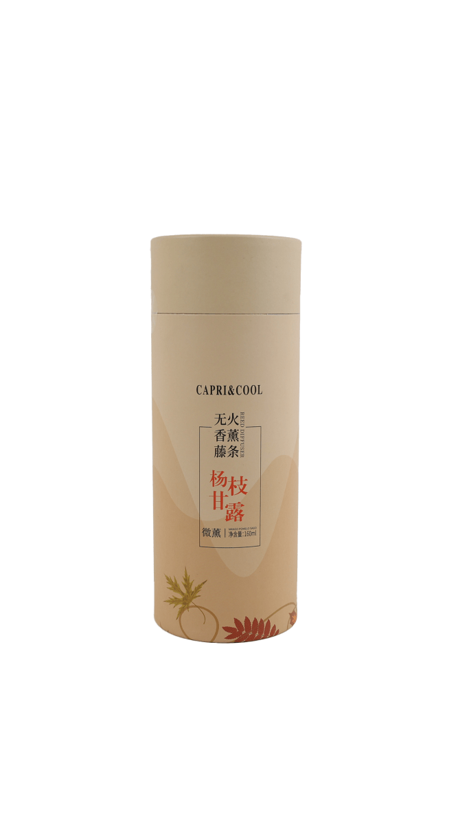 Reed diffuser canister, tall beige cylinder with screw cap and printed label