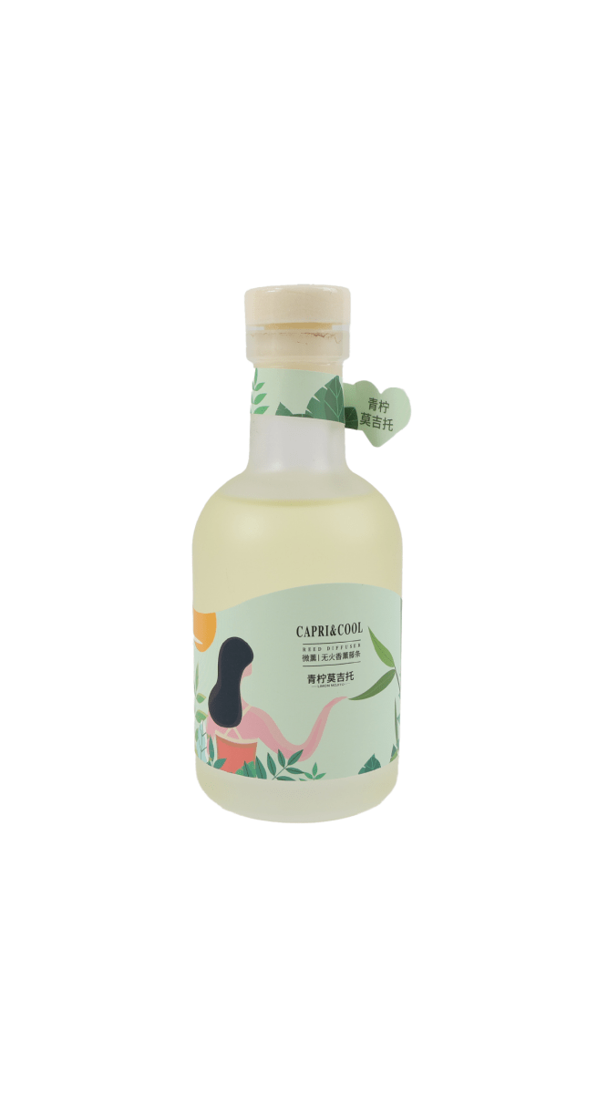 Capri & Cool lemon mojito reed diffuser bottle with cap and reed holder tag
